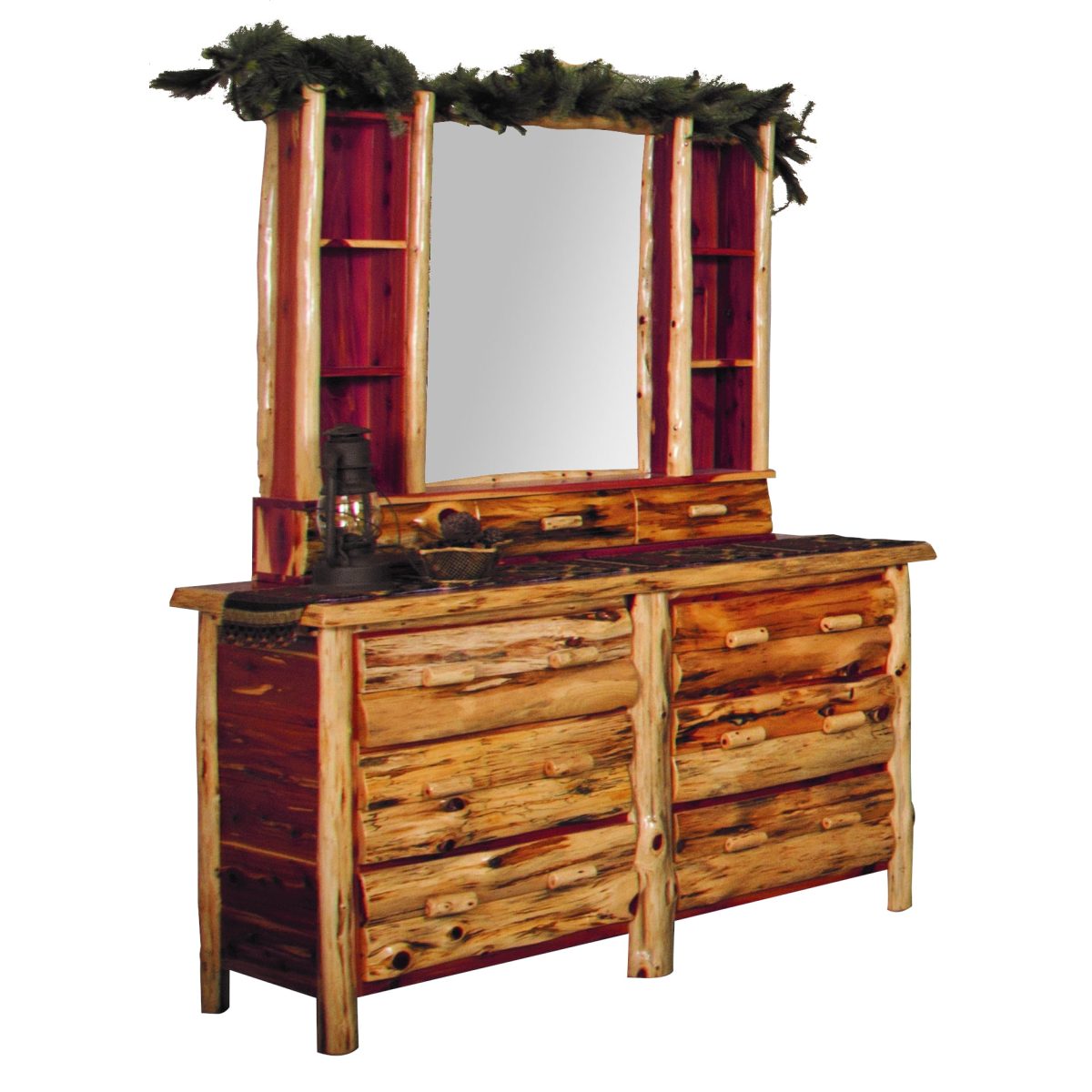 Rustic Red Cedar Log 6-Drawer Dresser and Hutch