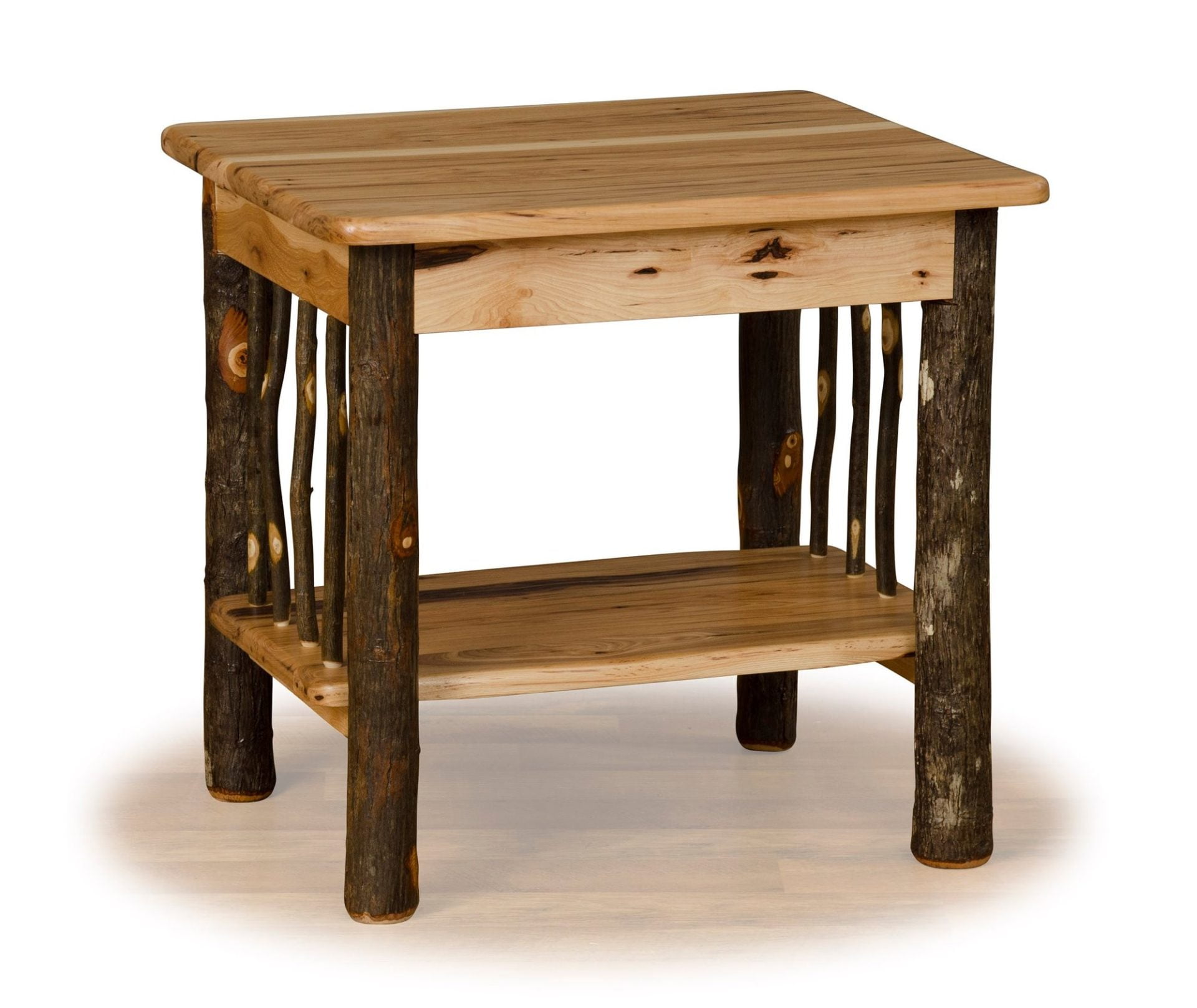 Rustic Hickory Log End Table with Side Spindles