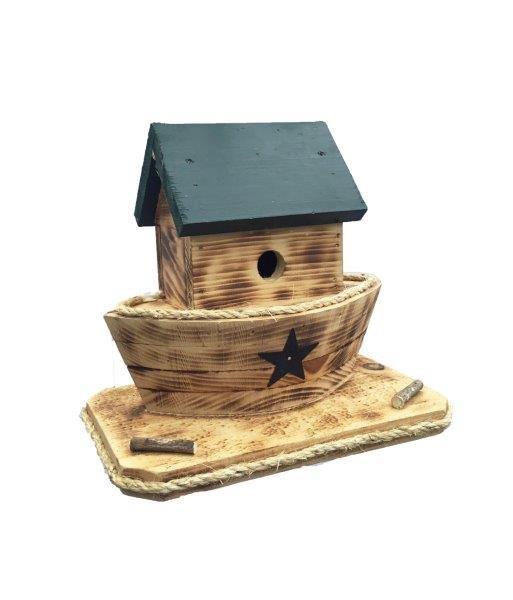 Noah’s Ark Bird House with Twisted Rope Hanger & Clean Out in Burnt Pine