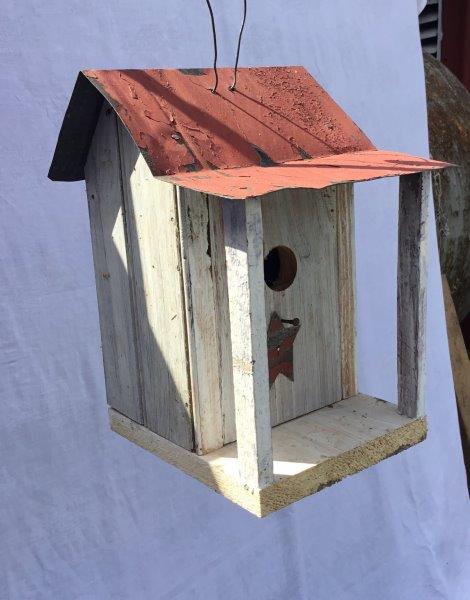 Barn Wood Hanging Bird House with Porch, Wire Hanger Twisted Rope Hanger & Clean Out in Burnt Pine