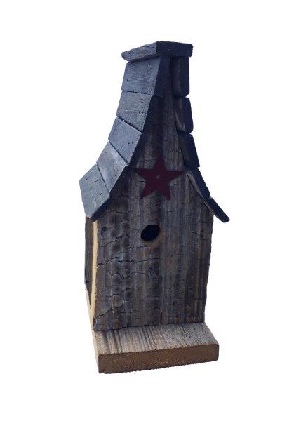 Barn Wood Wren Steeple Bird House with Twisted Rope Hanger & Clean Out Door