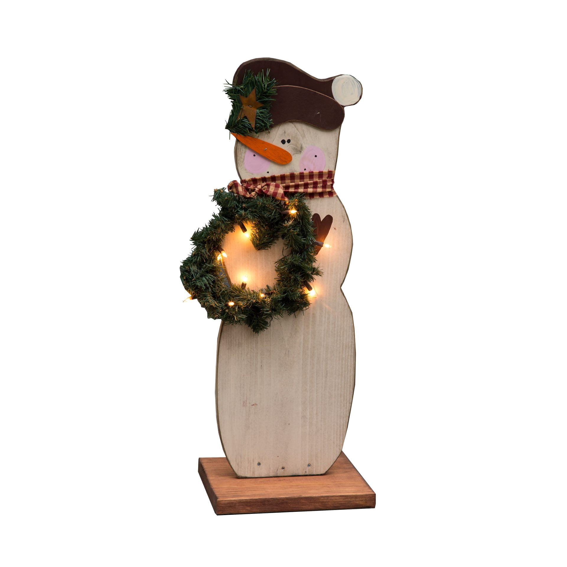 32″ Wooden Christmas Standing Snowman with Wreath and Lights