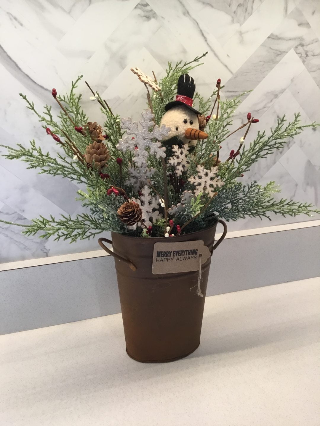Christmas Rustic Bucket Centerpiece with Snowman
