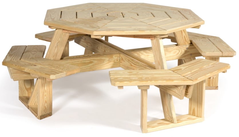 5 Foot Octagon Unfinished Pressure Treated Pine Picnic Table with Attached Benches