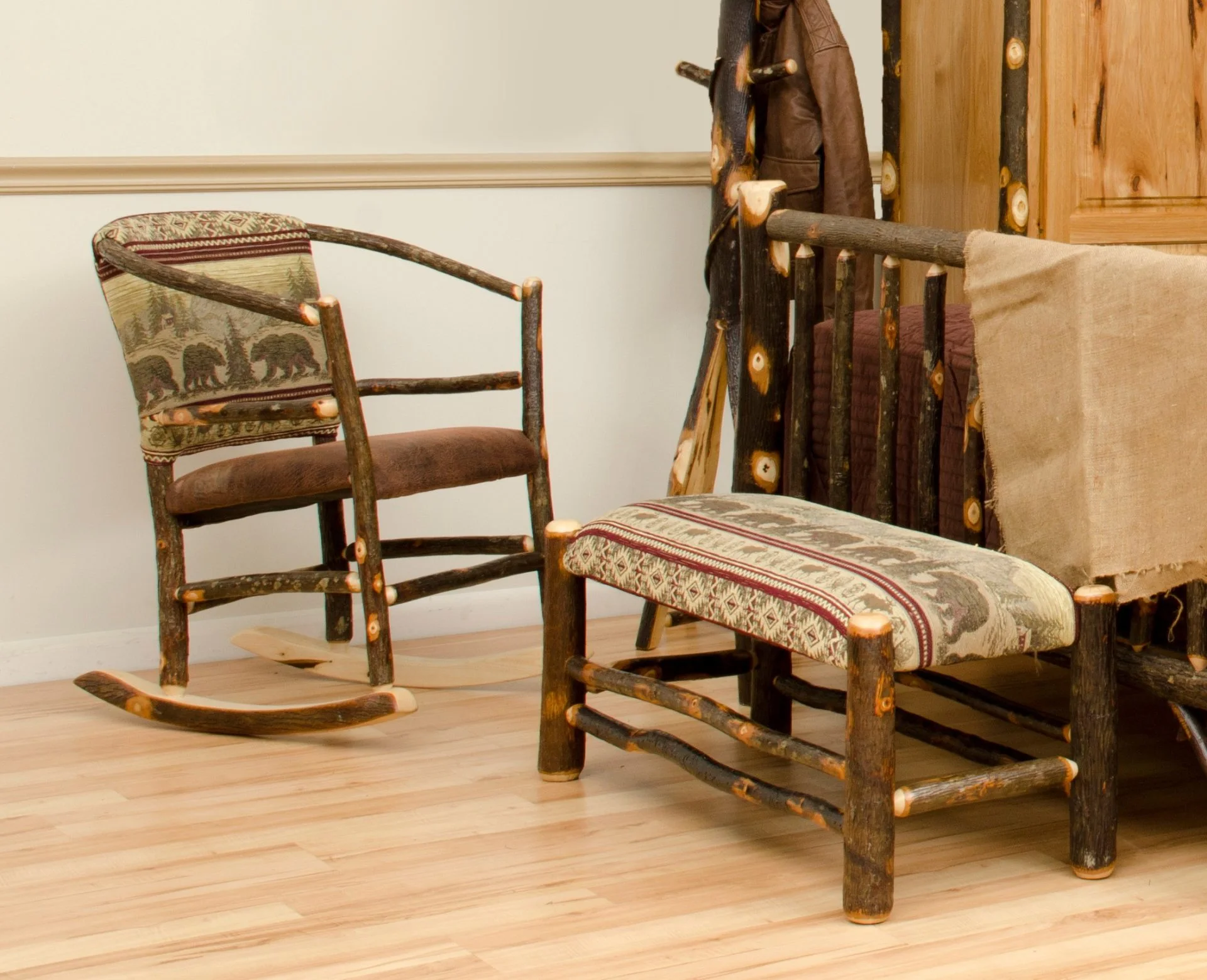 Natural Hickory Log Hoop Chair with Upholstered Seat & Back